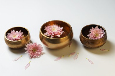 Photo of Tibetan singing bowls with water and beautiful chrysanthemum flowers on white background
