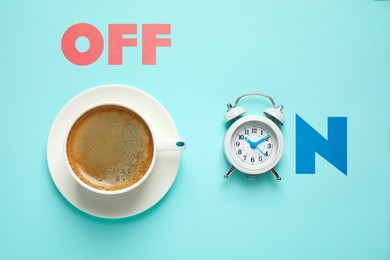 Coffee break. Cup of aromatic hot drink and alarm clock on turquoise background, flat lay