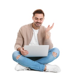 Man using laptop for video chat isolated on white