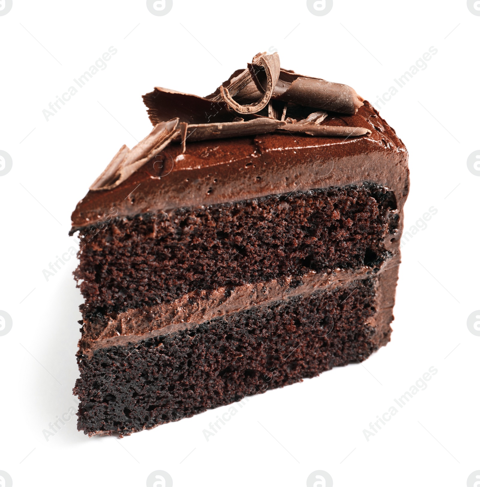 Photo of Piece of tasty homemade chocolate cake on white background