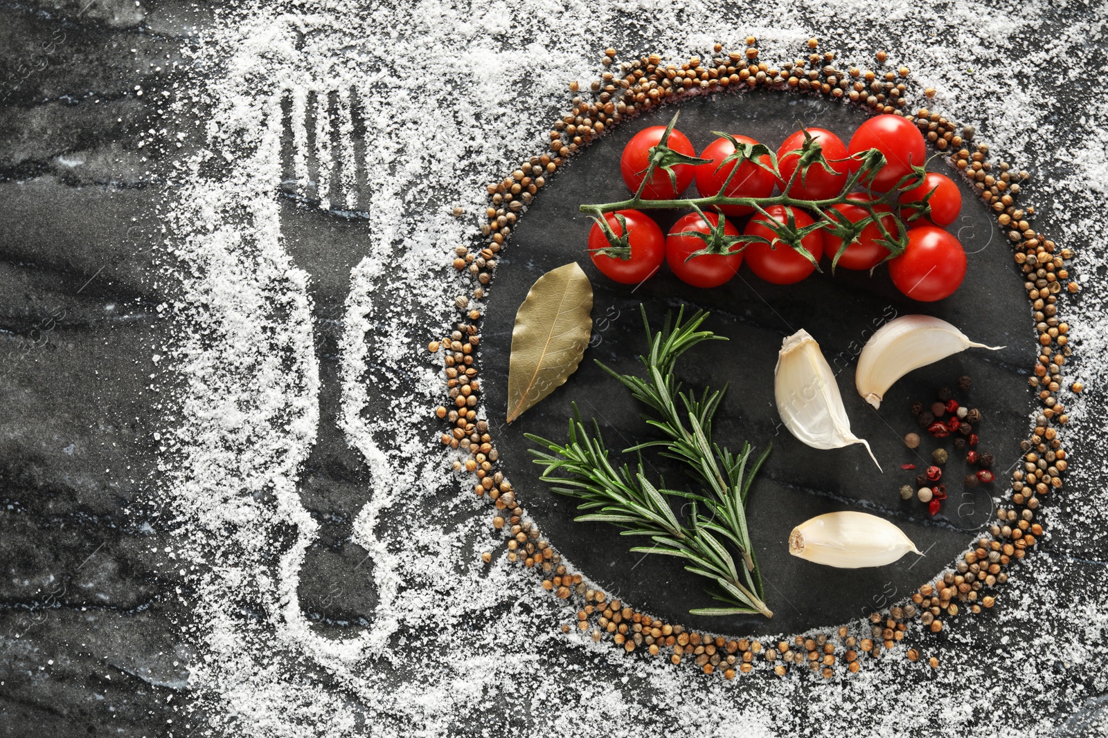 Photo of Different spices and silhouettes of fork and plate on grey marble background, flat lay