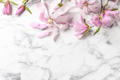 Photo of Magnolia tree branches with beautiful flowers on white marble table, flat lay. Space for text