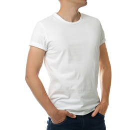 Man in t-shirt on white background, closeup. Space for design