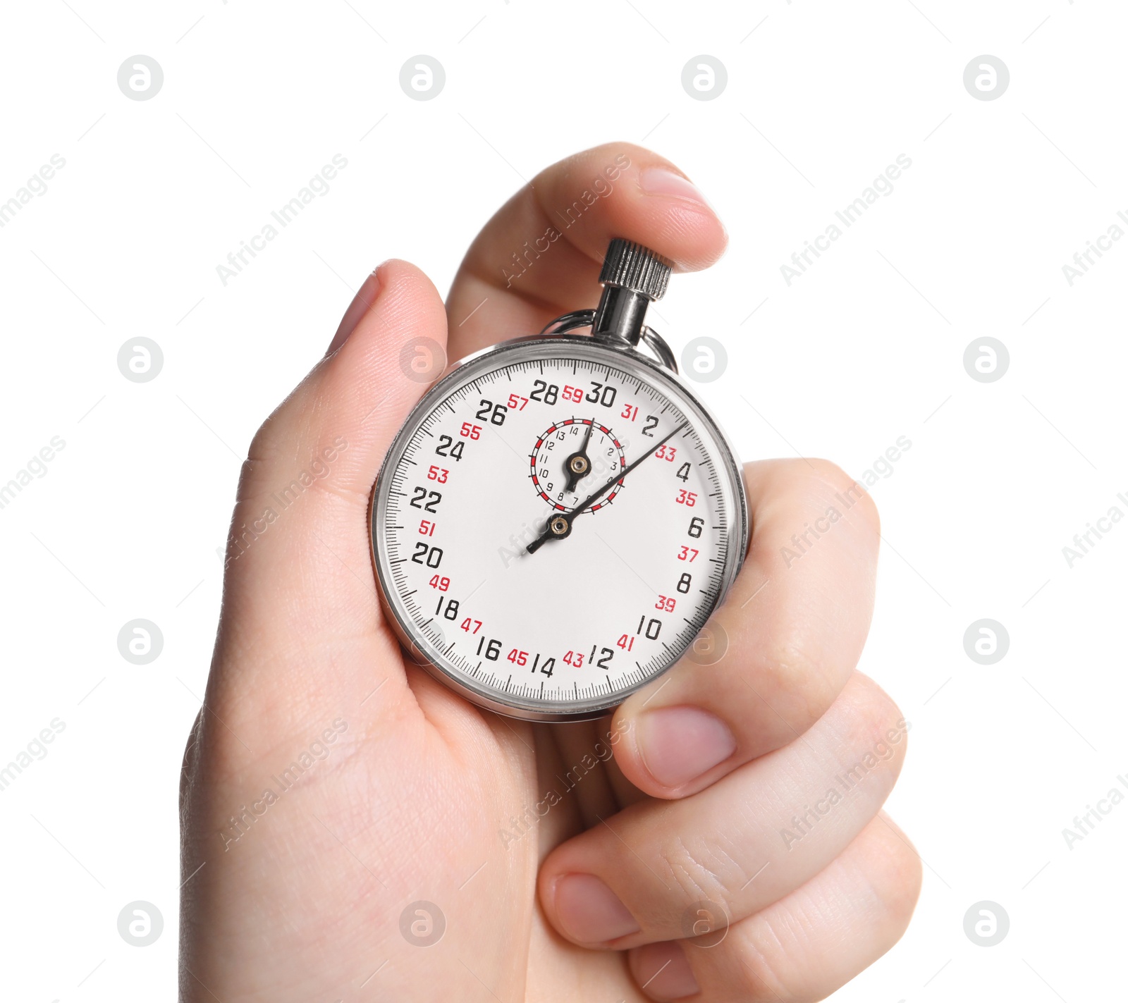 Photo of Man holding vintage timer on white background, closeup