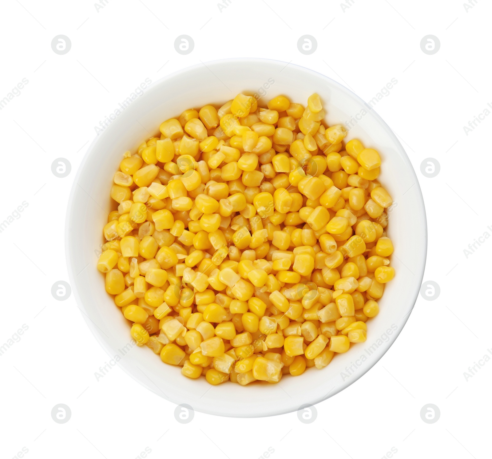 Photo of Bowl with corn kernels on white background, top view