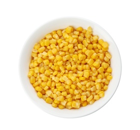 Photo of Bowl with corn kernels on white background, top view