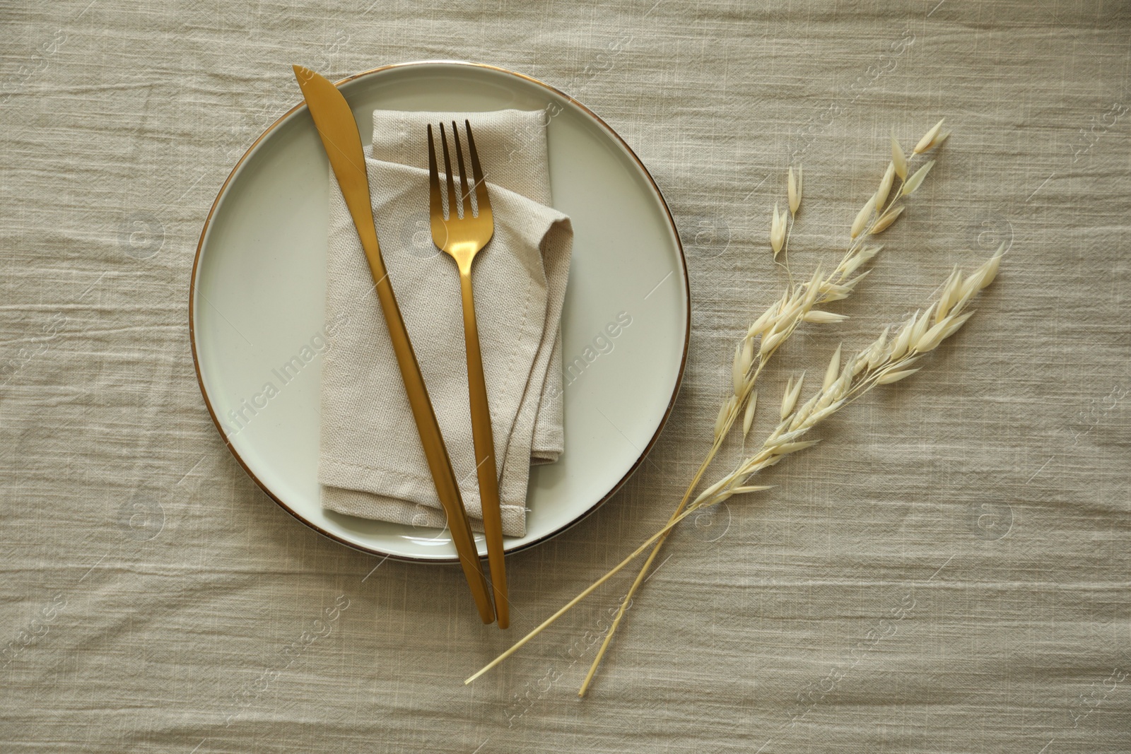 Photo of Stylish setting with cutlery, napkin and plate on light table, top view