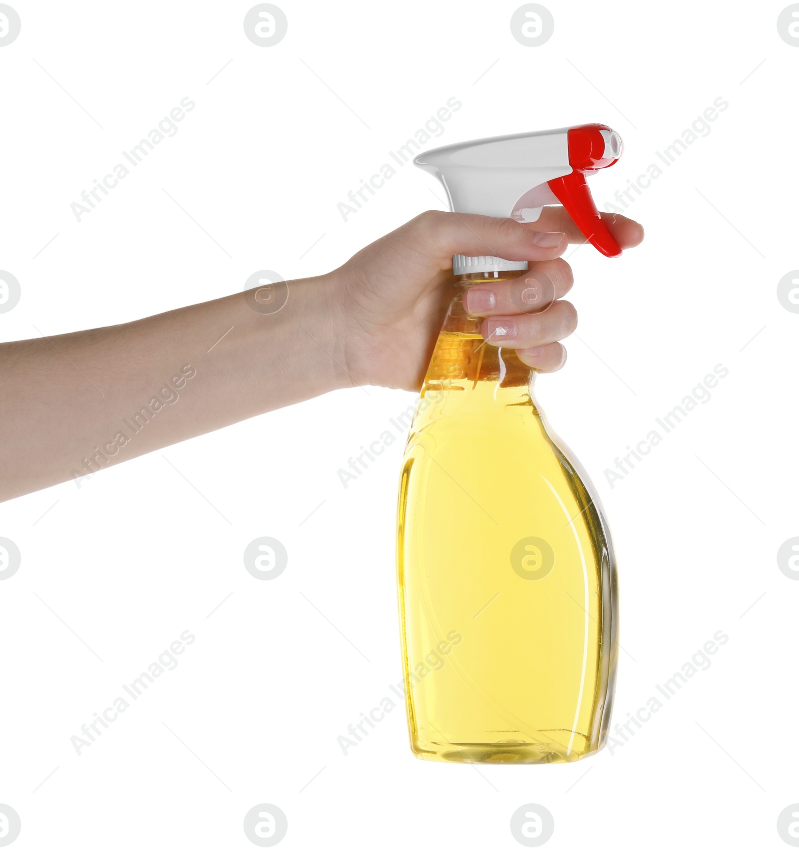 Photo of Woman holding plastic spray bottle with liquid isolated on white, closeup