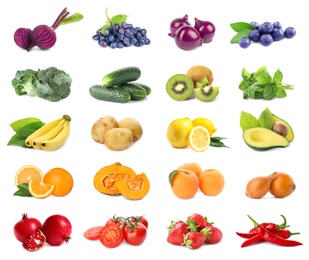 Image of Assortment of organic fresh fruits and vegetables on white background