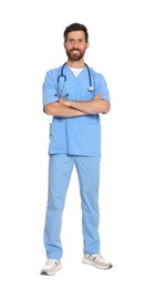 Photo of Full length portrait of doctor in scrubs on white background
