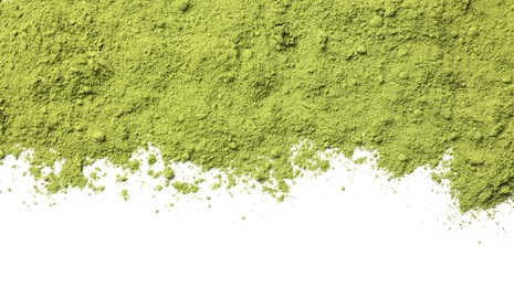 Green matcha powder isolated on white, top view