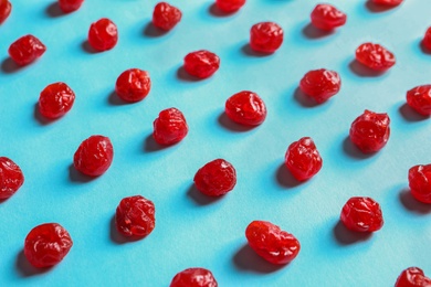 Photo of Cherries on color background. Dried fruit as healthy snack