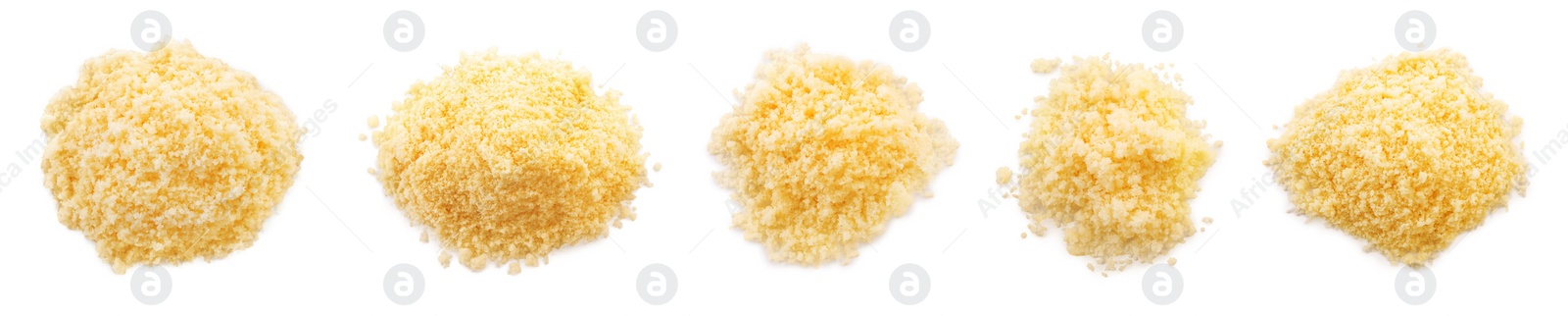 Image of Set with delicious parmesan cheese on white background, top view. Banner design