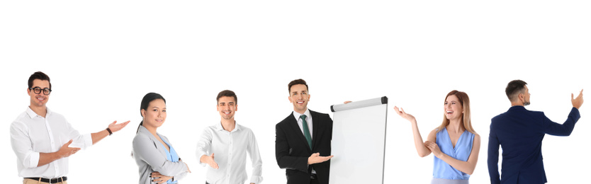 Image of Collage with photos of business trainers on white background, banner design 