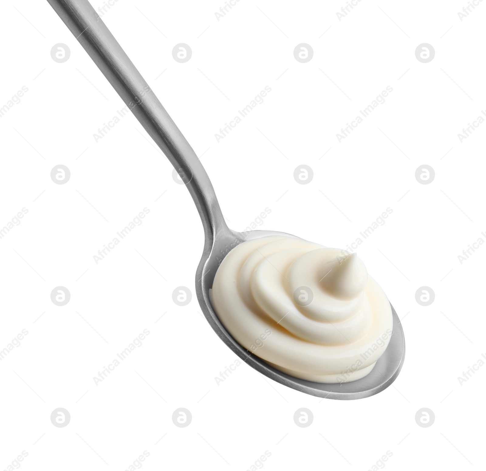 Photo of Silver spoon with mayonnaise isolated on white