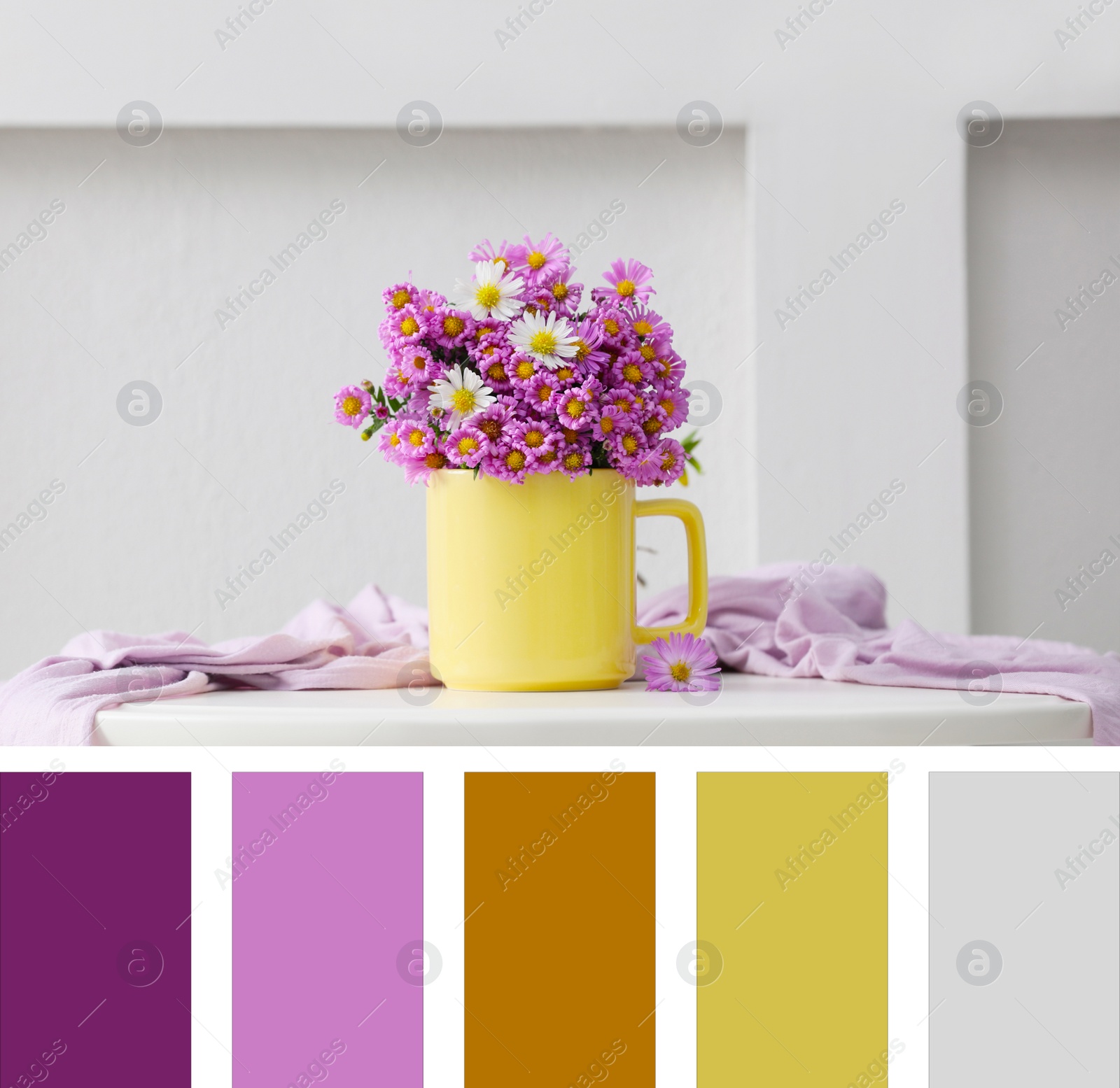 Image of Cup with beautiful flowers and cloth on white table. Composition inspired by colors of the year 2021