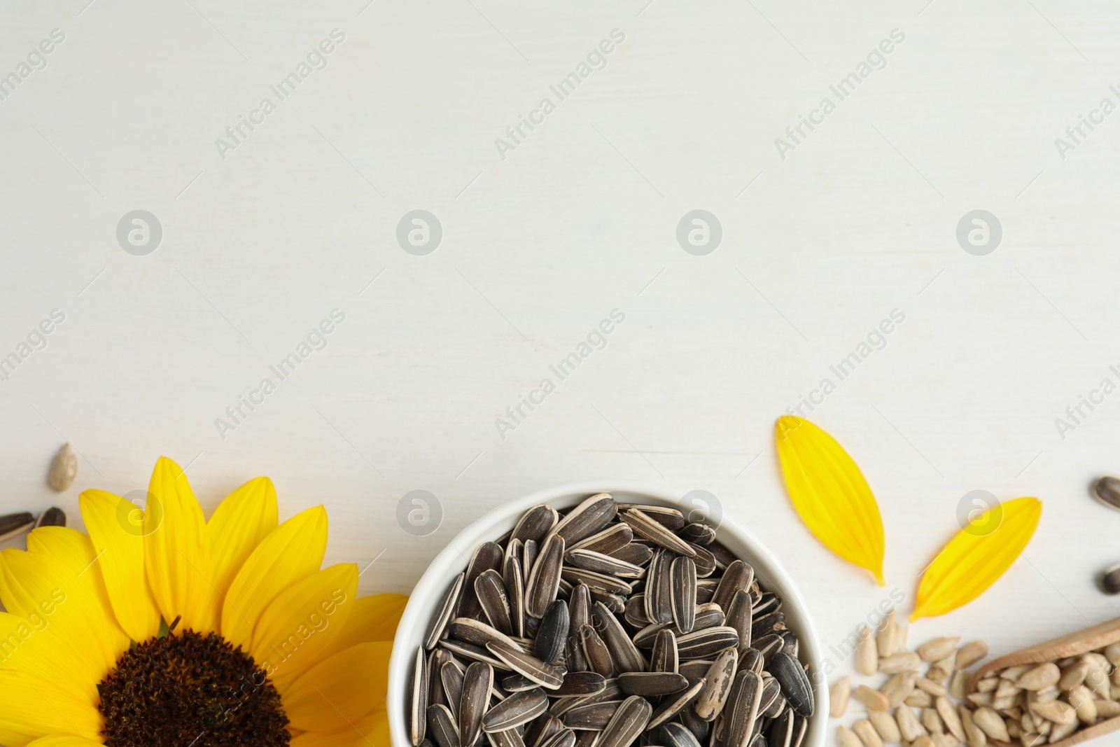 Photo of Organic sunflower seeds on white wooden table, flat lay. Space for text