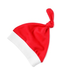 Cute red hat isolated on white, top view. Christmas baby clothes