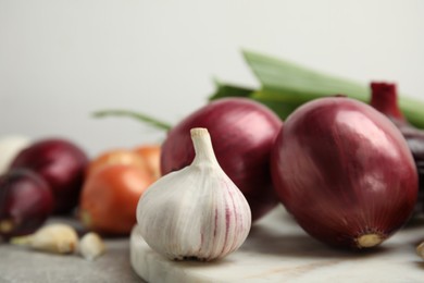 Fresh onion bulbs and garlic on grey table, closeup