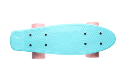 Photo of Turquoise skateboard with pink wheels isolated on white, top view. Sport equipment