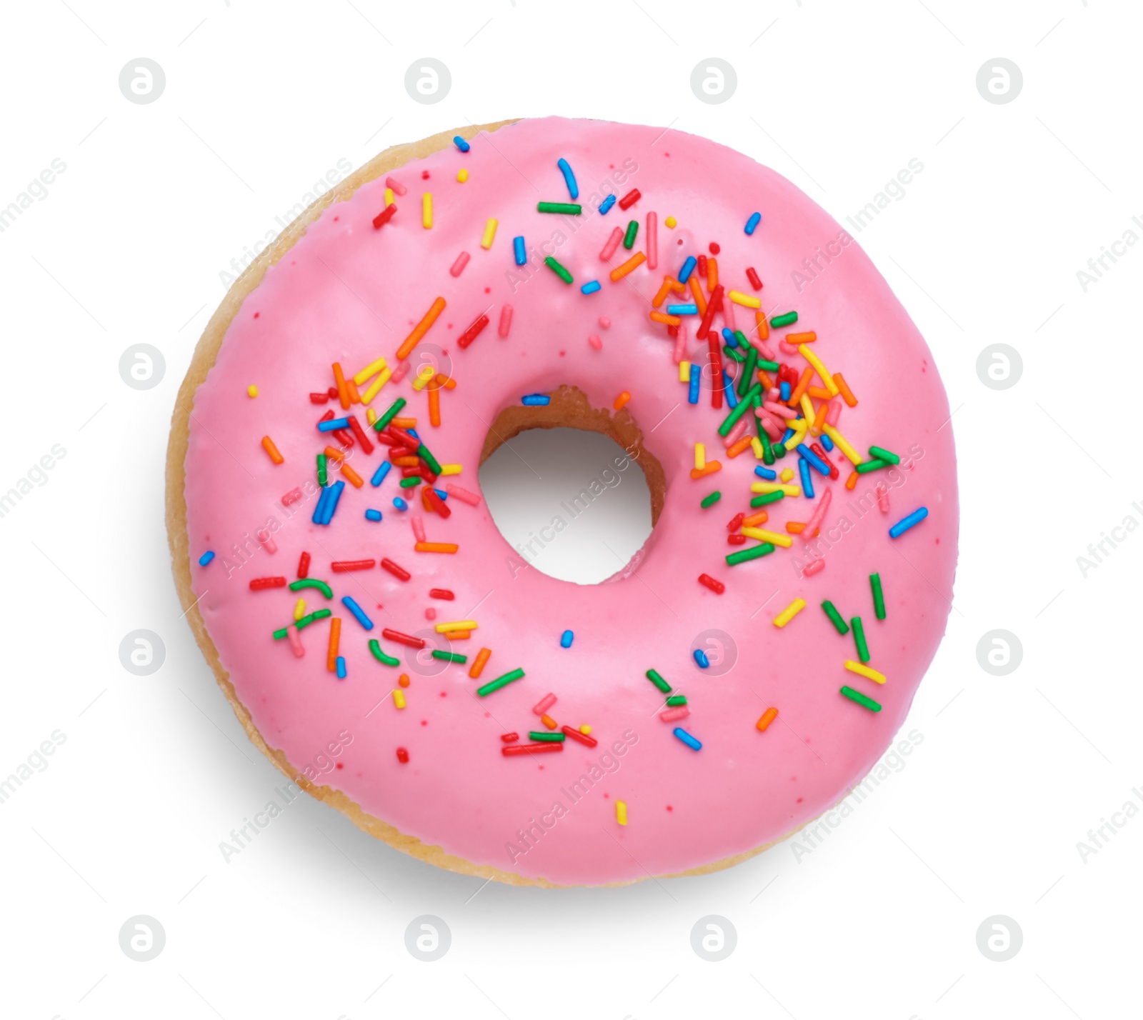 Photo of Tasty glazed donut decorated with sprinkles on white background, top view