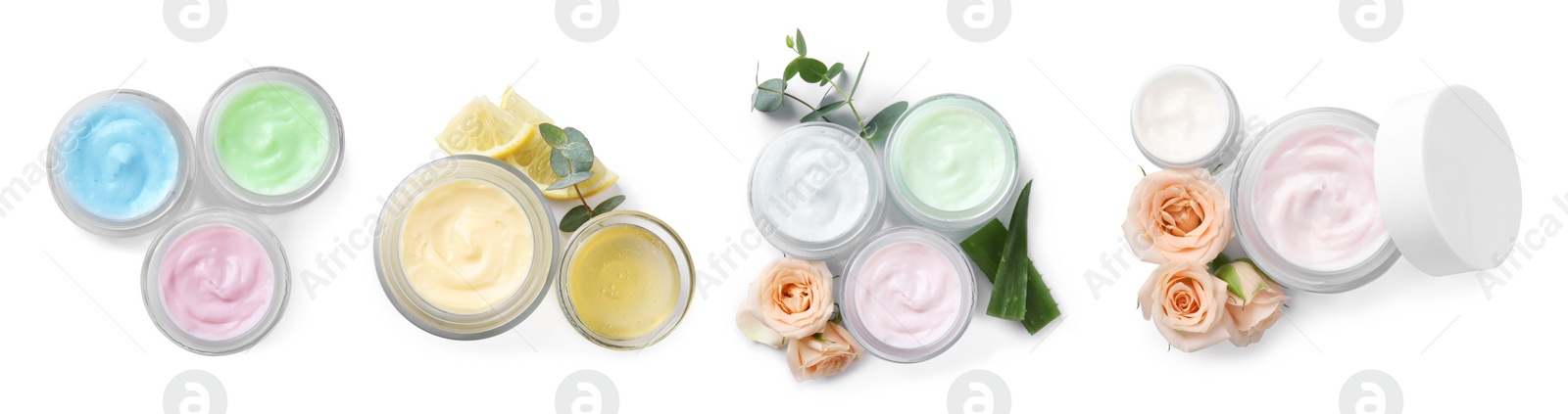 Image of Set with jars of body cream on white background, top view. Banner design