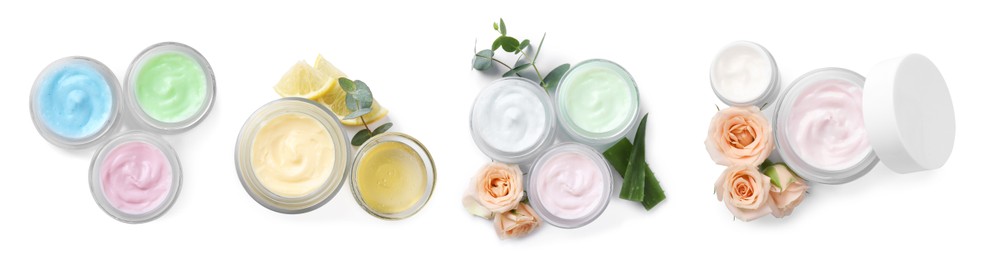 Set with jars of body cream on white background, top view. Banner design