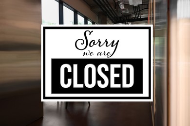 Image of Sorry we are closed sign. Stylish modern cafe interior