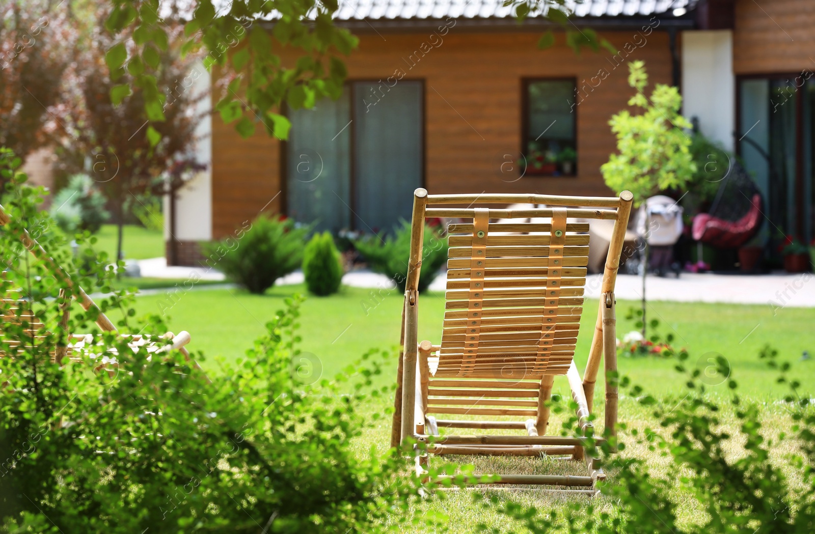 Photo of Wooden deck chair in beautiful garden on sunny day