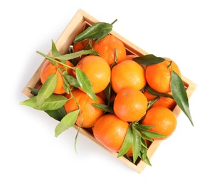 Photo of Wooden crate with tasty ripe tangerines on white background, top view