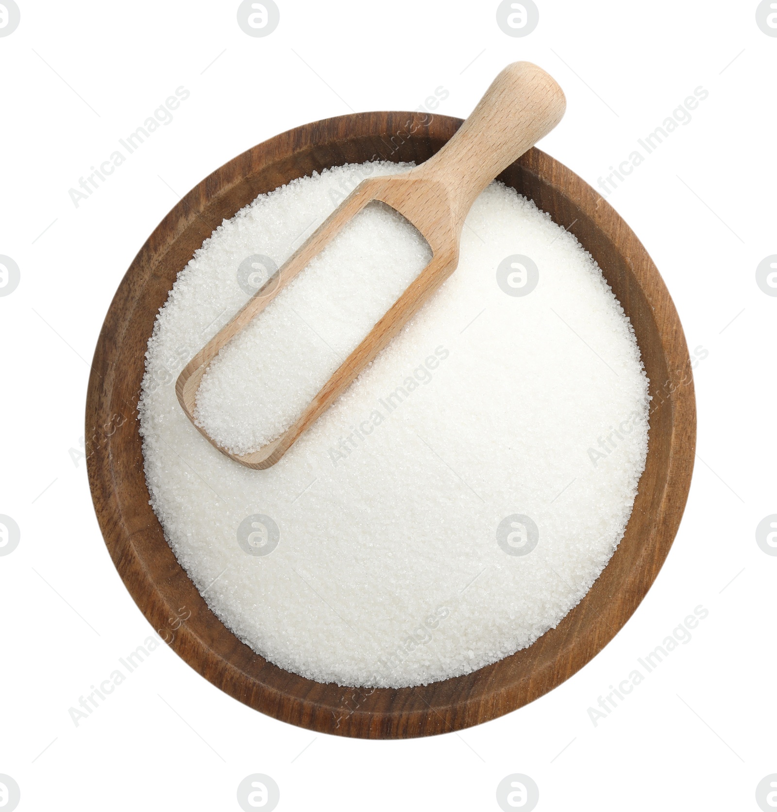 Photo of Granulated sugar in bowl and scoop isolated on white, top view