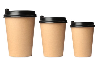 Image of Paper coffee cups of different sizes on white background, collage