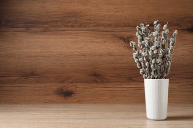Photo of Beautiful pussy willow branches in vase on wooden table, space for text