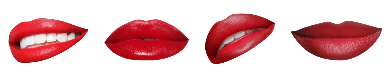 Image of Attractive lips with beautiful lipsticks isolated on white, collage. Banner design