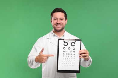 Photo of Ophthalmologist pointing at vision test chart on green background