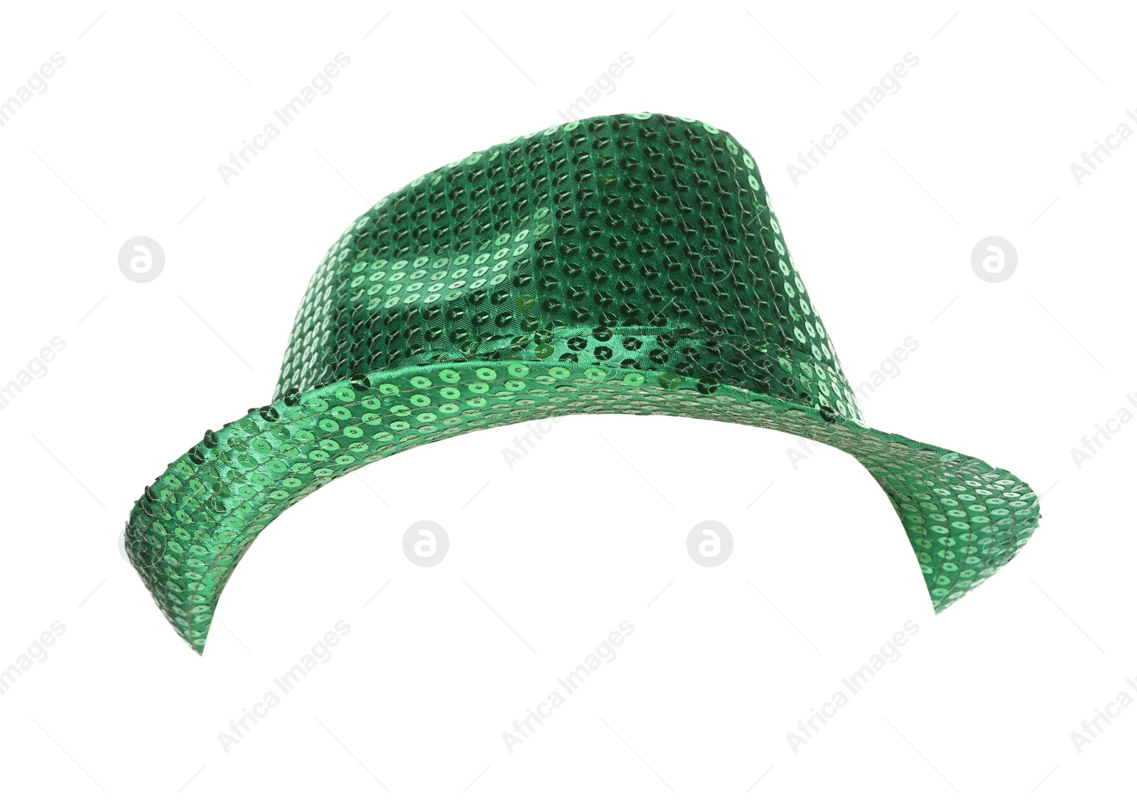 Photo of Green sequin hat isolated on white. Saint Patrick's Day accessory