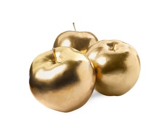 Photo of Shiny stylish golden apples on white background