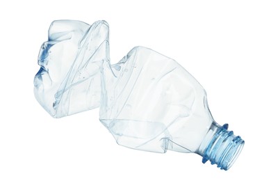 Photo of Crumpled disposable plastic bottle isolated on white