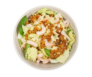 Photo of Delicious salad with Chinese cabbage, shrimps and mustard seed dressing isolated on white, top view