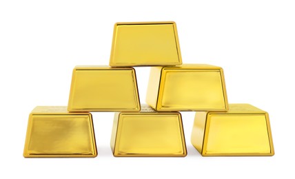 Photo of Stack of shiny gold bars isolated on white