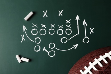 Chalkboard with football game scheme and rugby ball, top view