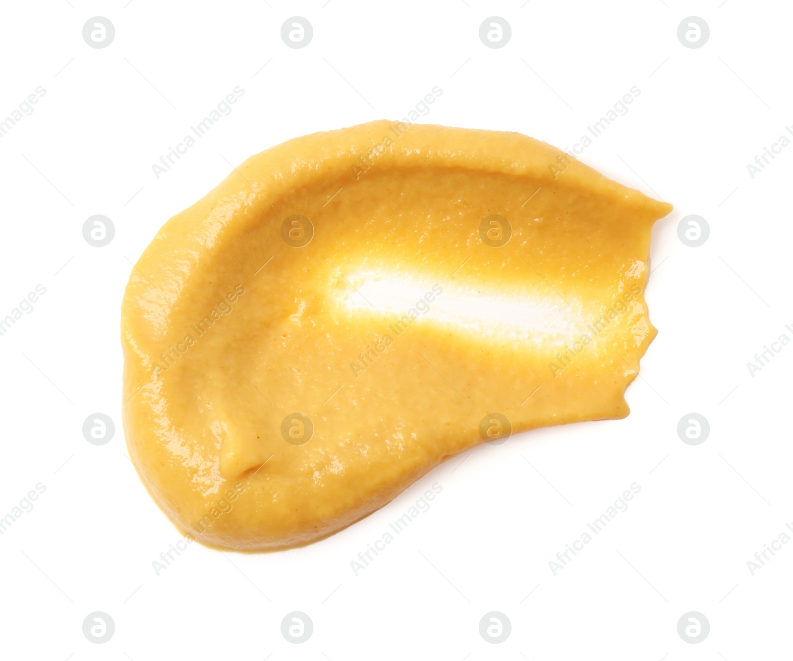 Photo of Fresh tasty mustard sauce isolated on white, top view