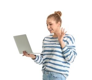 Photo of Portrait of young woman using laptop on white background