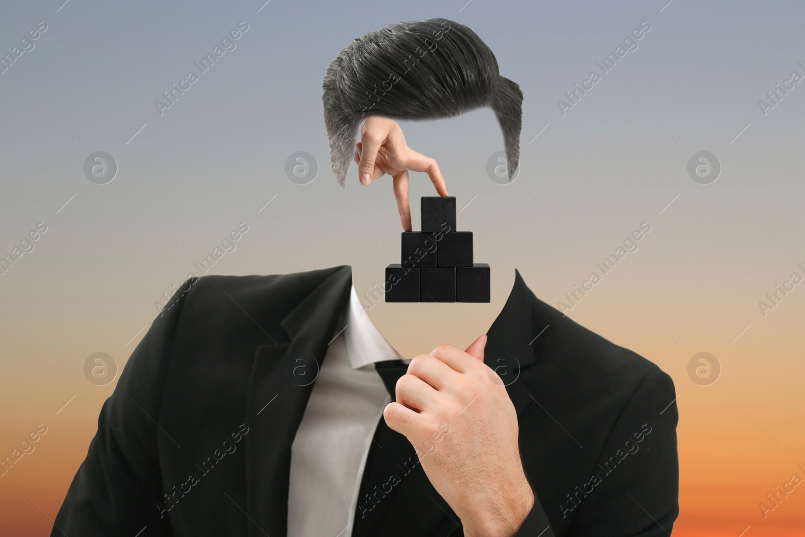 Image of Thinking about steps to success. Man climbing up stairs of wooden cubes inside of businessman's head