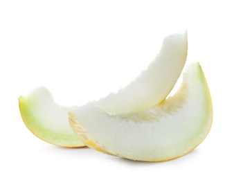 Photo of Slices of tasty ripe melon on white background