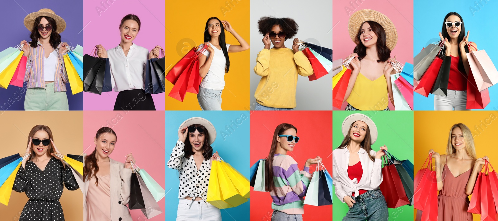 Image of Collage with photos of women holding shopping bags on different color backgrounds