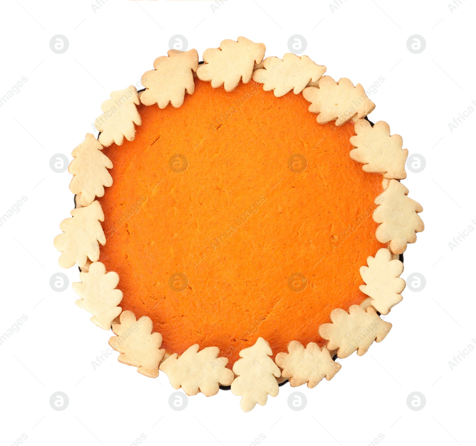 Photo of Delicious homemade pumpkin pie isolated on white, top view