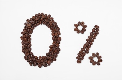 Photo of 0 percent made of coffee beans on white background, top view. Decaffeinated drink