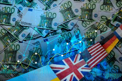 Image of Foreign exchange market. Double exposure of money, digital currency charts and flags of different countries