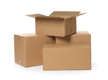 Photo of Many cardboard boxes on white background. Delivery service
